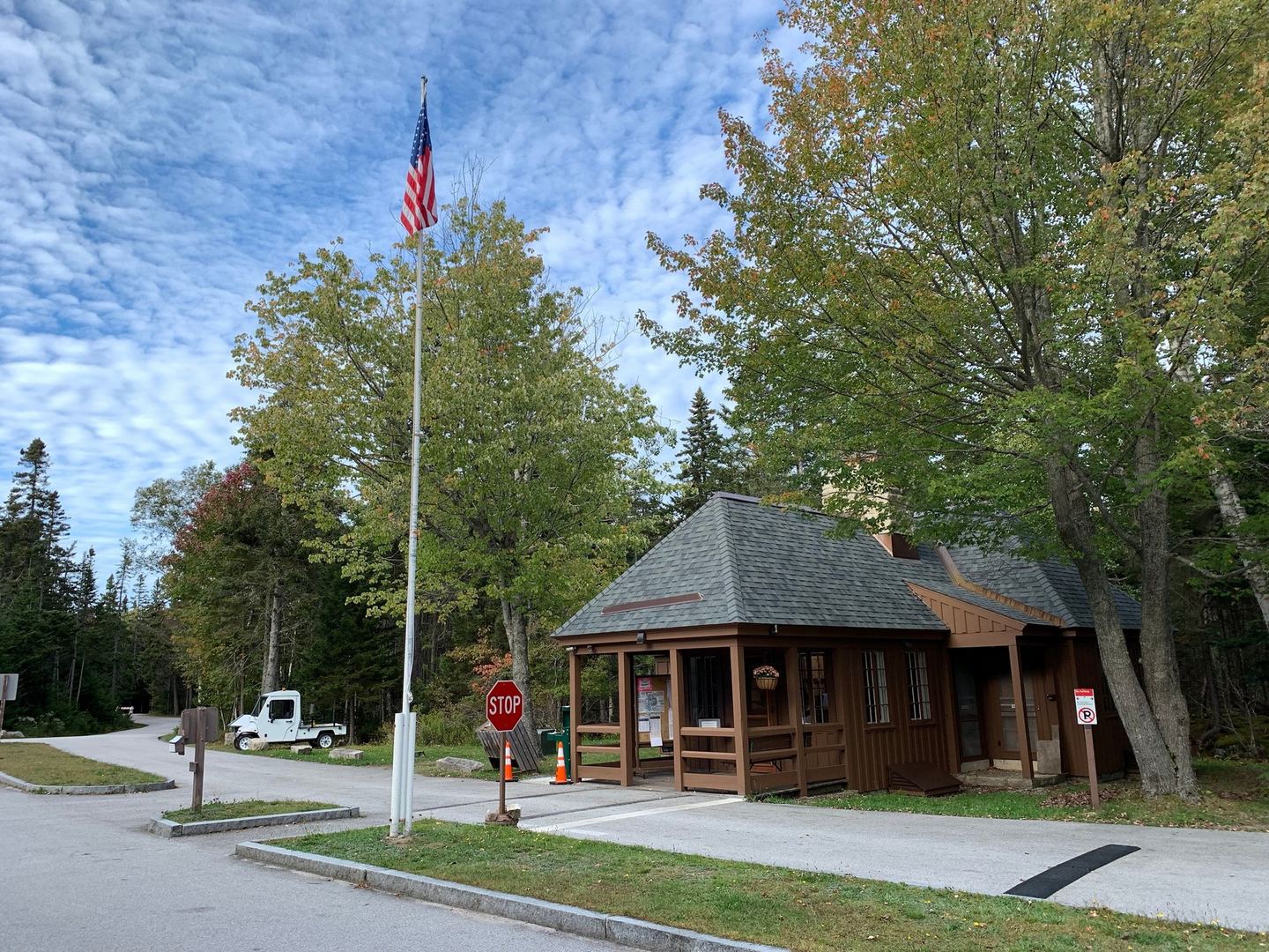 Entrance road and ranger station at Seawall Campground in Acadia National Park