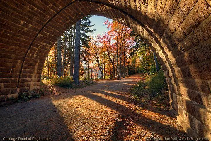 Carriage road curving beside Eagle Lake